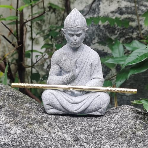 MOLMH Zen Meditating Monkey King Sculpture with Alloy Magic Staff,Buddha Statue, Perfect for Home Decor, Garden Decor, Zen Decor and Aquarium Decor, Size 5.47 Tall x 3.74 Wide
