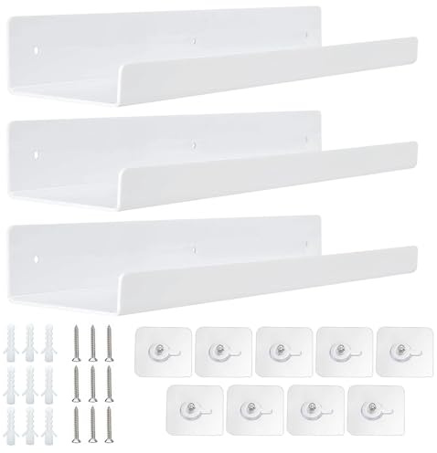 Yudobliss Etageres Murales en Acrylique, Lot de 3 Étagère Murale Flottante Blanche, 30 x 10cm Étagères Flottantes en Acrylique, Étagère Murale de Salon, pour Les Livres, Cadres, Disques, Décorations