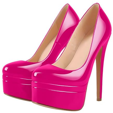 MissHeel Women's Round Toe Super High Heel Platform Stiletto Slip On Pumps Sandals Double Platform Court Shoes Fuchsia Size 9
