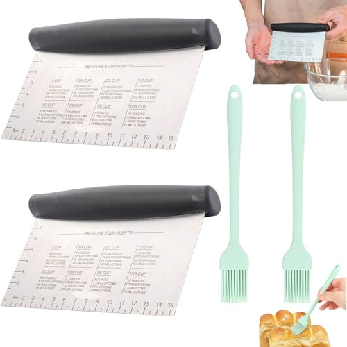 2 x Dough Scraper, Dough Cutter with Non-Slip Rubber Handle and Measuring Scale, Pastry Scraper with 2 Silicone Brushes, Dough Scraper Card for Dough Cake, Pizza, Baking Tool
