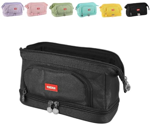 Fyfjur Federmäppchen Schwarz, Federtasche 3 Fächer, Wasserdicht und Reißfest Mäppchen Groß, 600D Oxford-Stoff Federmappe Kinder Teenager Erwachsene für Schule Büro Reise, 24,5x11,5x14cm