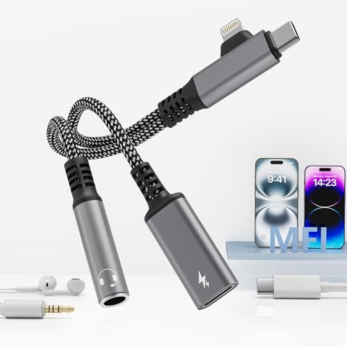 2 en 2 Adaptateur Lightning Jack, Adaptateur Lightning Aux, Adaptateur USB C vers jack 3.5mm, Adaptateur casque Iphone pour iPhone 16/15/14/GalaxyS22/Pixel, Pour recharger écouter de la musique