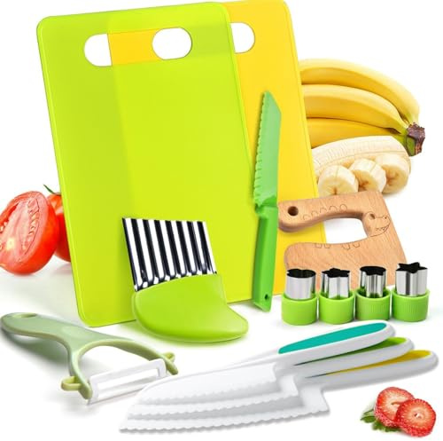 Kindermesser, Kinder Sicherheit Küchenmesser Set ab 2 Jahren, Kinder Schneideset zum Schneiden und Kochen von Obst oder Gemüse, inklusive Holzmesser Schneidebrett Schäler (13 Teiliges)
