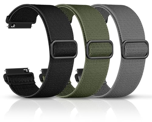 DaQin 3 Pack 22mm Watch Band for Men Women Compatible with 22mm Quick Release Watch Band, Adjustable Soft Stretchy Nylon Solo Loop Strap Elastic Braided Relacement Wristband, Black/Army Green/Grey