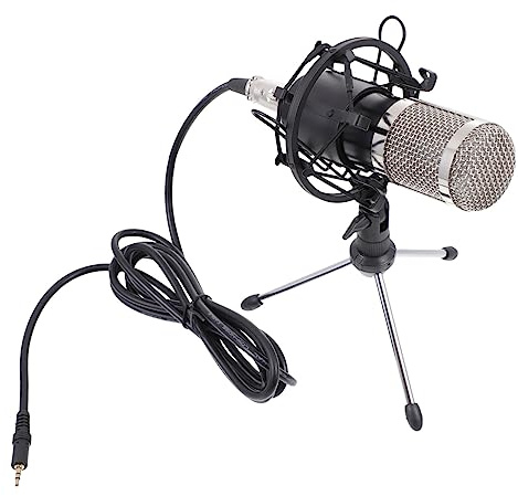 QUMIIRITY Condenser Microphone Kit with 3.5mm Wired Connection, 48v, Black Frame Silver Mesh Headset for Meetings and Studio Recording
