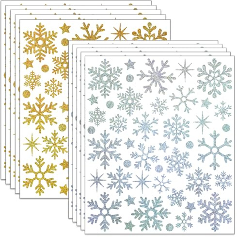 10 hojas de pegatinas de copo de nieve con purpurina, 440 unidades, pegatinas decorativas de copo de nieve, autoadhesivas, resistentes al agua, pegatinas de Navidad para regalos, sobres, decoraciones
