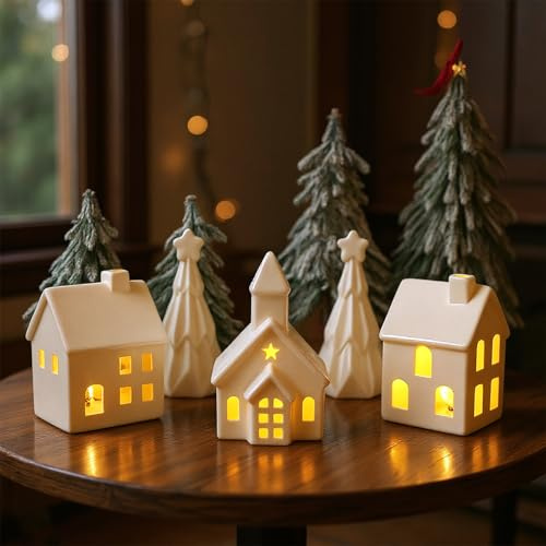 Hebaogugu Christmas Village House, 2025 White Xmas Decorations with Ceramic Christmas House & Trees, Electronic Tabletop Ornaments with LED Light for Table Decor