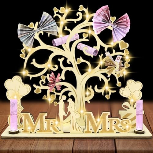 AOOTE Geldbaum Geschenk aus Holz, Geldbaum Hochzeit, Geldbaum Geldgeschenke für Brautpaar, Holz Mr & Mrs Geld Geschenk, Geldgeschenke Verpackung für Männer Frauen Brautpaar