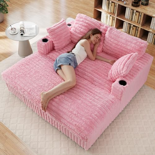 QHITTY 63'' Plush Faux Rabbit Fur Chaise Loveseat with Charging Station & Cup Holder and Pillows, Upholstered Corduroy Chaise Loveseat Sofa Recliner Longue Indoor Couch for Living Room, Bedroom, Pink