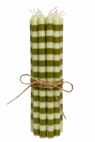 12er Pack dünne Stabkerzen H:20 cm Ø:1,3 cm div. Farben Brenndauer 2,5 Stunden;Olivengrün/Hellgrün gestreift