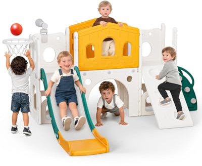 hoopyosms Gran Tobogán para Niños con Escalera, Plataforma, Túnel, Rampa de Escalada, Aro de Baloncesto y Telescopio Juguete, Parque de Juegos Interior y Exterior para Niños y Preescolares(Verde)