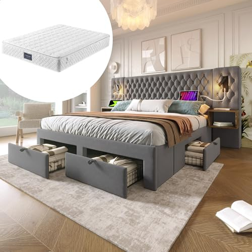 Kelodan Bettanlage 160×200cm Schlafzimmer Komplett Set Polsterbett Doppelbett mit 2 Nachttischen und 4 Schubladen Kopfteil Leselicht mit USB Ladefunktion Grau Samt (Mit Matratze)