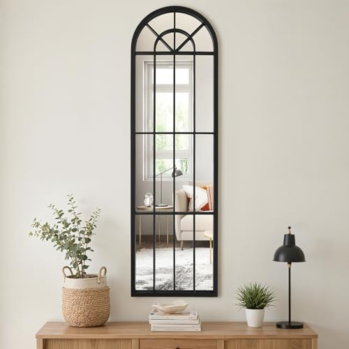 Warmiehomy Arched Window Mirror Garden Outdoor Wall Mirror with Metal Frame for Courtyard,Living Room,Hallway Decor(30x100cm, Black-1)