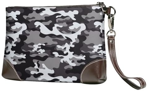 Novastar Petit sac à main pour femme – Portefeuille tendance en cuir imprimé camouflage noir, gris, blanc avec dragonne