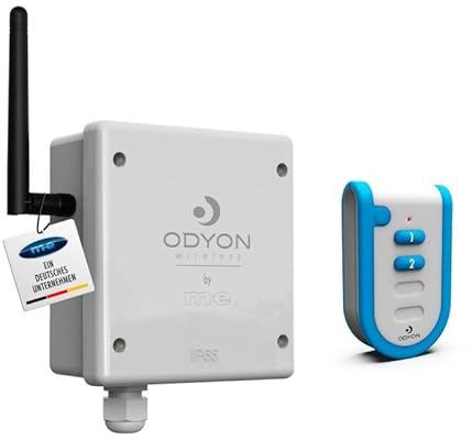 ODYON PRO Power-Set 1, Langstrecken-Funkschalter, 1000m drahtlose Reichweite, 230 V, 2000 W Schaltleistung, bidirektionaler Funk mit Empfangskontrolle, 2-Kanal Handsender + wetterfester Wand-Empfänger