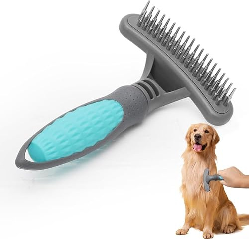 Peine Rastrillo para Perro y Gato, Cepillo Desenredador Antienredos para Pelo Largo y Medio Largo, Púas de Acero Inoxidable Pulidas y Redondeadas, Mango Ergonomico Antideslizante, Azul