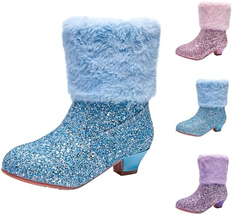Size 3 Sparkly Glitter Boots for Girls with Heels Warm Lined Ankle Booties Side Zipper Faux Fur Winter Ankle Boots Sequin Snow Boot Christmas Short Booties Dress Shoes for Little Kids Big Kids Blue