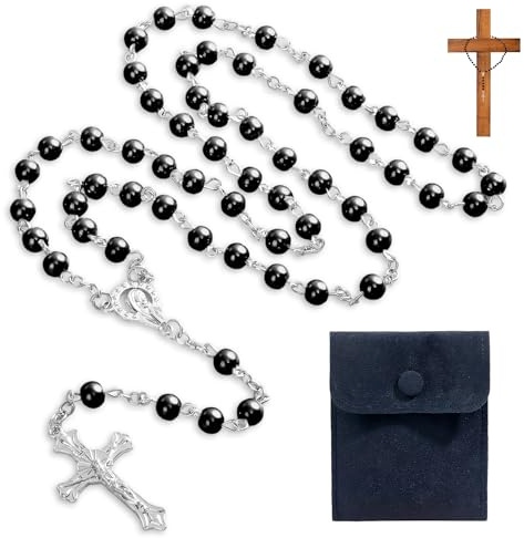 Rosenkranz Auto Schwarz Holz,Rosenkranz Katholisch,Christ Kruzifix Kette,Gebetskette Christlich,Samt Geschenkbeutel,zur Kommunion mit Retro-Kreuz Kette,Katholisches Christen für Taufe,Hochzeit,Party