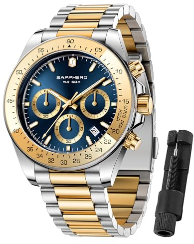 SAPPHERO Reloj Hombre Cronografo Analógico Movimiento de Cuarzo 50M Impermeable Relojes para Hombre Banda de Acero Inoxidable Clásico Casual Diseñador Relojes Elegante Regalo para Hombre