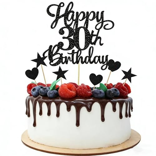Joyeah Happy 30th Birthday Glitter Cake Topper Cheers to 30 Years Old 30 Fabulous for Celebrating 30th Birthday Anniversary Party Cake Decorations Supplies Black