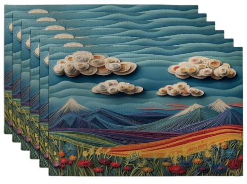 Spring Mountain Tree Placemats Set of 6, 12x18 Inch, Quilling Paper Nature Landscape 6Pcs Soft Table Mats for Home Dinning, Cool Scenery Holiday Party Kitchen Print Pattern Decor