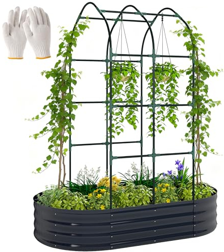 Outsunny Hochbeet mit Rankgitter, Metall Pflanzkasten mit Handschuhe Gartenkasten Frühbeet Kräuterbeet mit Gitterspalier für Garten, Klettergemüse, Blumen,160 x 90 x 180 cm, Dunkelgrau