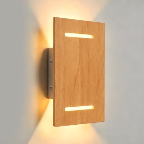 JaneYi Wandleuchte Holz Hell 7W Warmweiß 3000K Moderne LED Wandlampe Innen | JaneYi Up & Down Leuchten Innen Wandbeleuchtung für Schlafzimmer Wohnzimmer Flur Treppenhaus