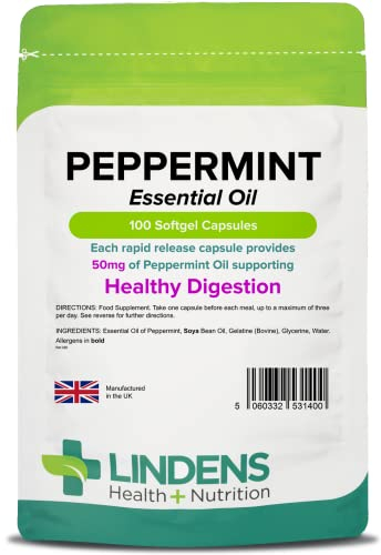 Lindens - Peppermint Oil 50mg Capsules - 100 Pack - UK Made - Essential Oil of Peppermint Supporting Healthy Digestion - Letterbox Friendly