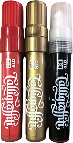 Klamottenstore OTR Lack Stifte Kalligrafie - Rot, Gold, Schwarz - 3 Pump Marker, wasserfest für Gestaltung, Kunst, Schrift, Paint permanent,nachfüllbar, 20mm abgeschrägter Filz