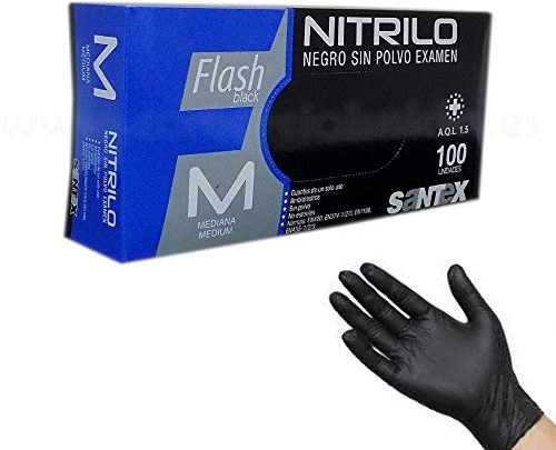 Guantes de Nitrilo Negro Sin Polvo FLASH BLACK EXTRA FUERTE - REF. GD23 - Caja 100 uds (Mediana)