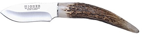 Joker Cuchillo de caza Topo CC57, mango de asta de ciervo, hoja de 7,5 cm, con funda de color marrón, Herramienta de pesca, caza, camping y senderismo