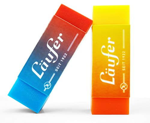 Läufer 69825 Plast Color Radiergummi, zweifarbig, radiert zuverlässig Bleistifte und Buntstifte, Blisterkarte enthält 2 Radierer für Schule, zuhause und im Büro, zweifarbig orange-gelb und rot-blau