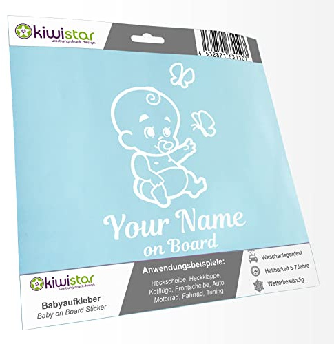 Babyaufkleber - Weiß - Baby Schmetterlinge Sticker - mit Wunschtext individuell personalisiert + on Board 15cm - für Auto, Motorrad, Fahrrad, Tuning