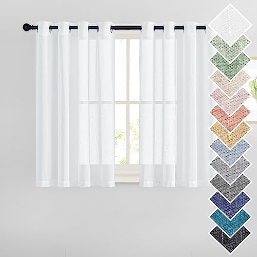 PONY DANCE Schlafzimmer Vorhang Kurz Leinenoptik Gardinen Weiss Halbtransparent Ösenvorhang 2er Set H 145 x B 140 cm Küchen Vorhänge im Landhausstil