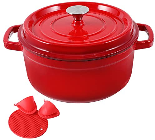 MEIGUI 5QT Cast Iron Dutch Oven, Enameled Non-Stick Oven, Round Dutch Pot with Lid, Pre-Seasoned Large Dutch Oven Liners, for Sourdough Bread Baking, Braising, Soups, Family Sharing, Red