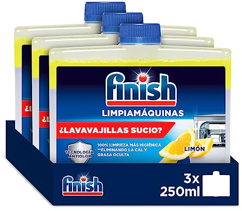 Finish Líquido para Lavavajillas, Limpia lavavajillas contra el mal olor, la cal y la grasa del lavaplatos, limpiador lavavajillas, aroma limón 250 ml x 3