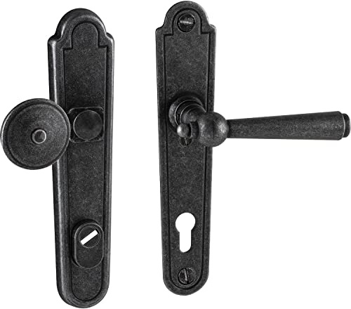 Halcö Kaltenbach Wechselgarnitur - Türdrücker und Türknauf auf Türschild PZ 88 antik rechts - mit Kernziehschutz, Eisen verzinkt schwarz passiviert