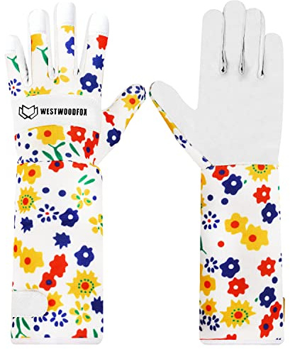WESTWOOD FOX Leder Gartenhandschuhe Lange Unterarmschutz Ärmel dornsichere Arbeitshandschuhe Rose Beschneiden Garten Sicherheit Atmungsaktiv Langlebig Dicke (Weiß, XL)