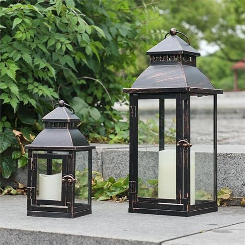 NEEDOMO Lot de 2 lanternes décoratives d'extérieur et d'intérieur (43,2 x 25,4 cm) en métal Bronze avec Verre, bougeoir pour Porche, terrasse, Jardin, Balcon, Mariage, Centre de Table