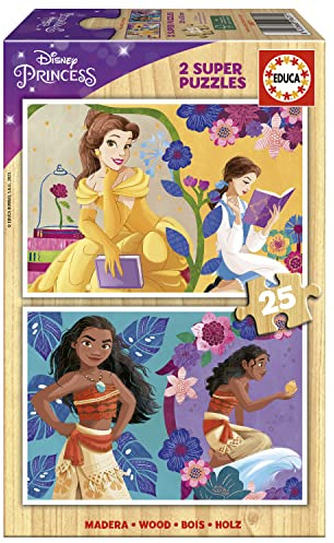 Educa - Disney Princess, 2 x 25 Teile Holzpuzzle-Set, für Kinder ab 3 Jahren, Prinzessinnenpuzzle, Kinderpuzzle (19671)