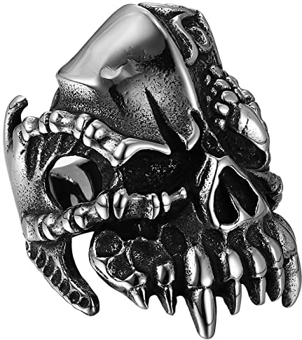 JewelryWe Schmuck Biker Herren-Ring Gotik Punk Totenkopf Schädel Skull Skelett Hand Edelstahl Ring Band mit Gravur Silber Größe 54 bis 76