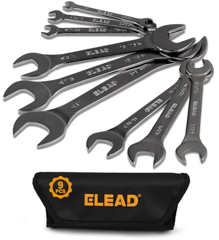 ELEAD 9-Piece Super-Thin Open End Wrench Set, SAE 1/4-1-1/16, CR-V Nickel Plated, 3 mm Thickness Ultra-Slim Wrench Set for Tight Spaces, Durable Roll-Up Pouch for Mechanics