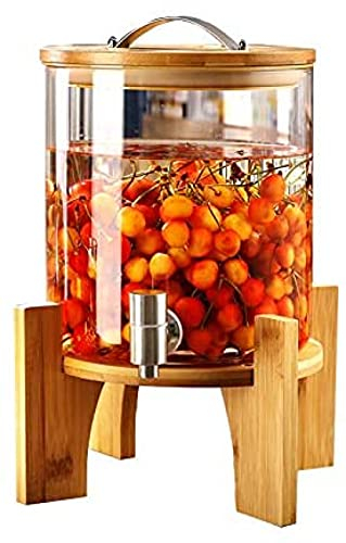 YZJSSL Distributore di Bevande con Rubinetto in Acciaio Inossidabile, Distributore di Succhi di Frutta, Bottiglia di Vetro con Supporto in Legno, Brocca di Vetro Trasparente per Uso Domestico-5L