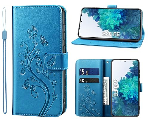 KRAFTCARE Lederhülle für Samsung Galaxy S20 FE Klapphülle Leder Hülle | Premium PU Leder mit Prägung, Kartenfach, Ständer, Magnetic Closure, RFID Blockierung, Flip Wallet Handyhülle, Blau