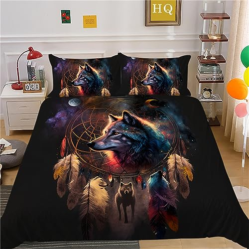 OakiTa Wolf Traumfänger Bettwäsche-Set Dream Catcher Wolf Theme Muster Bettbezug,100% Mikrofaser Bettwäsche-Sets 3Teilig,mit Reißverschluss (A09,135x200cm/80x80cm)