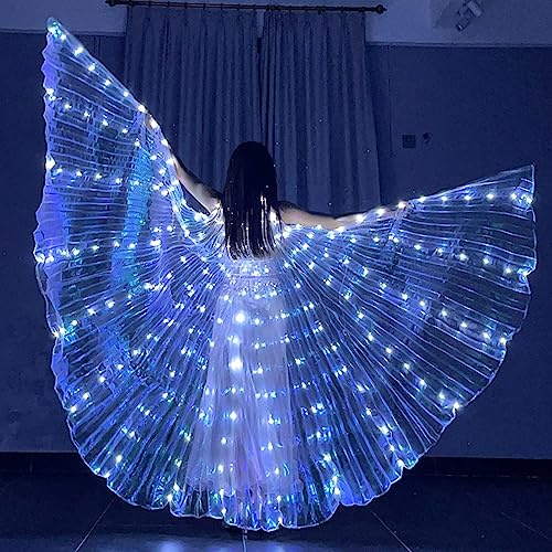 Ali da danza a LED con asta telescopica 360, design con chiusura, funzionamento a batteria, con ali di farfalla illuminate a LED, con cavo di prolunga (adulto, luce bianca)