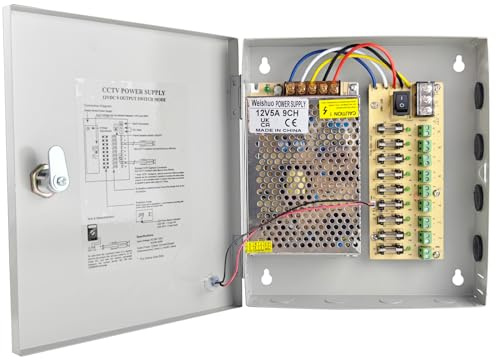 Weishuo Fuente de Alimentación 12V 5A 60W, Fuente Alimentación CCTV 9 Canales, Caja de Alimentación Distribuida Metallica para Cámaras de Seguridad LED Iluminación