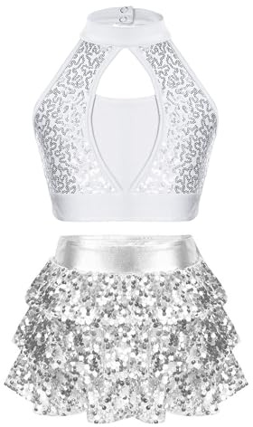 Runhomal - Conjunto de baile jazz para niño, niña, lentejuelas, leotardo, gimnasia, brillante, crop, top traje y falda danza latina, ballet espectáculo de 5 a 16 años, plata, 11-12 Años