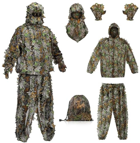 Ghillie Suit Outdoor Leafy Suit for Hunting Super Lightweight Hooded Camouflage Including Clothes Gloves Face Mask and Bag