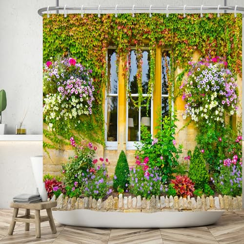 ASDCXZ Garten Duschvorhang 180x220 cm, Frühling Garten im Freien Bunt Blumen Wand Orange Grün Blätter Bad Waschbar Duschvorhänge Polyester Textil Wasserdicht Badevorhang für Badewanne mit 12 Haken